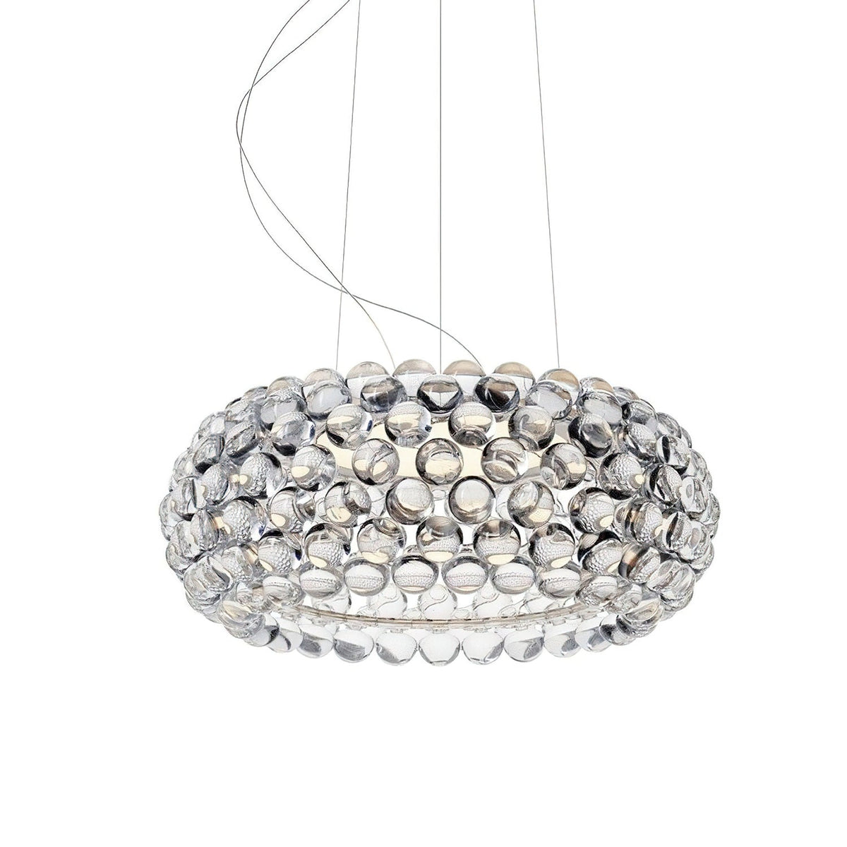 A clear sphere dome pendant hangs from three cables against white, its spheres catching the light, a Clérachic pendant.