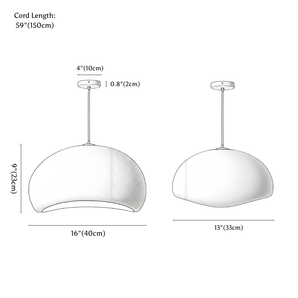 Clérachic pendant light dimension drawing, 40 cm, every measurement marked in centimetres and inches.