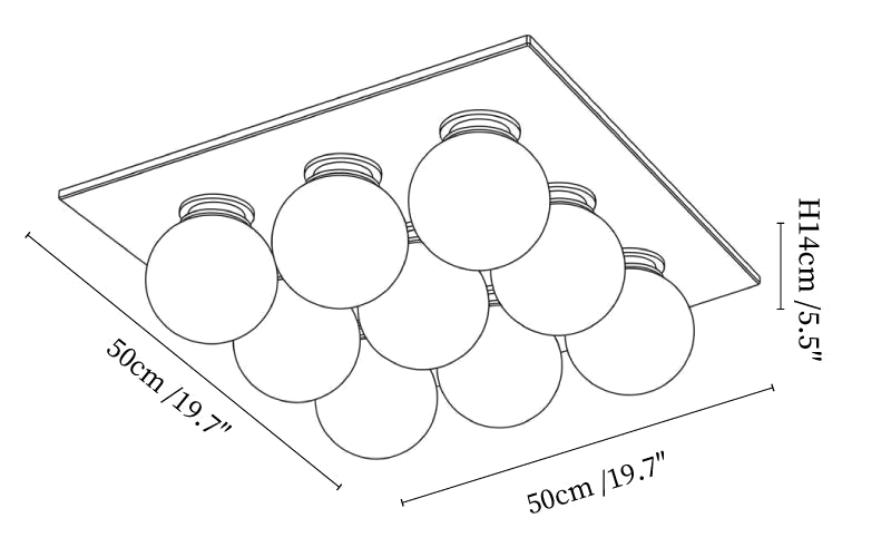 Clérachic ceiling light dimension drawing, every measurement marked in centimetres and inches.