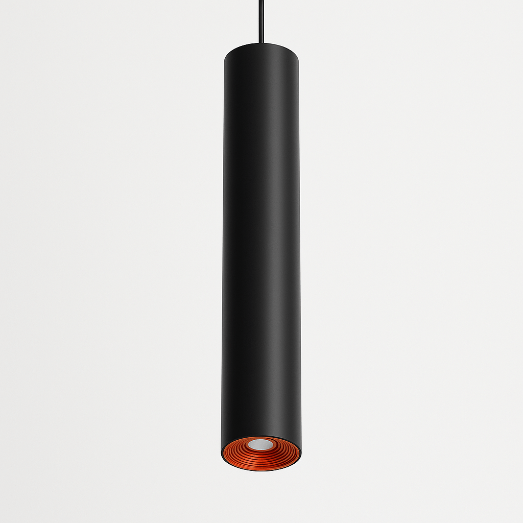 Clérachic cluster pendant light in matte black, a slim cylindrical shade hanging from a thin black cord on white.