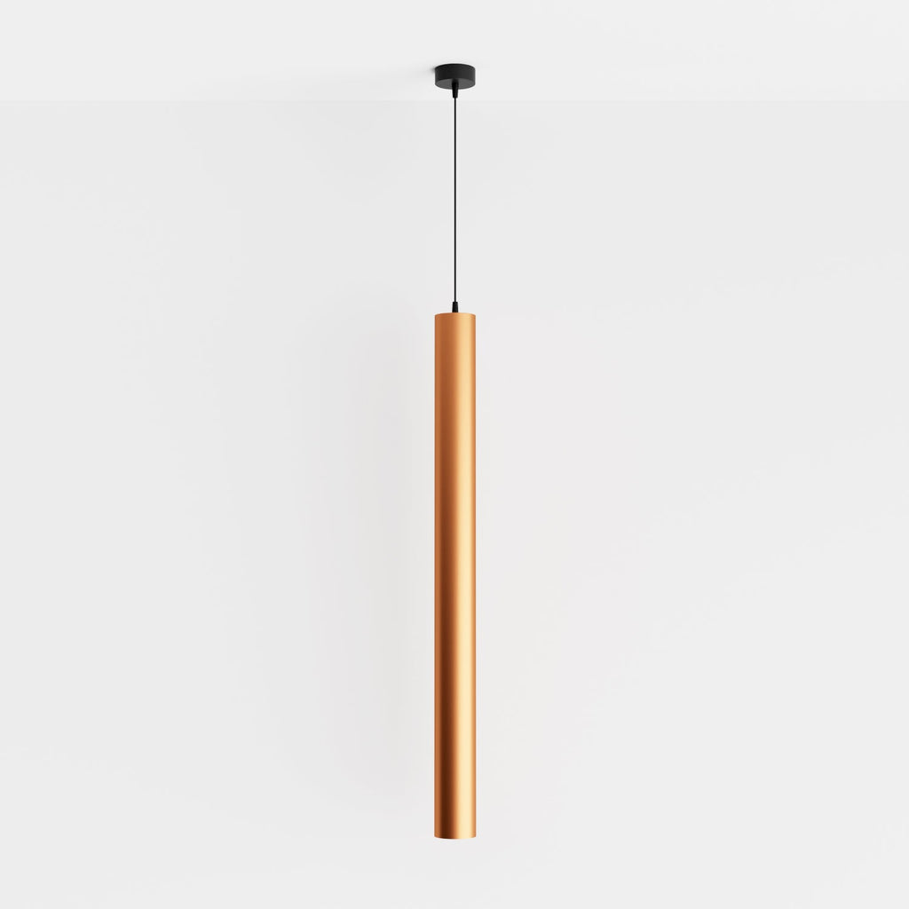 Clérachic cluster pendant light in brushed gold hangs on a fine cord from a round black canopy on white background.