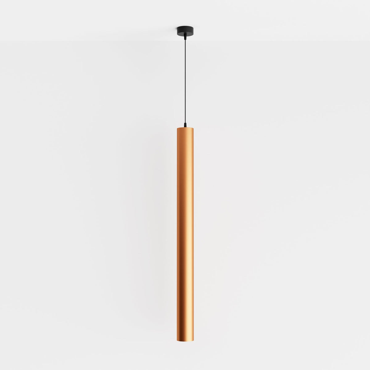 Clérachic cluster pendant light in brushed gold hangs on a fine cord from a round black canopy on white background.