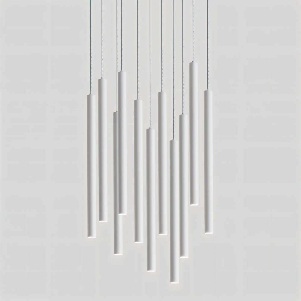 Clérachic cluster pendant light installed as a full chandelier cluster of white tubes cascading at staggered heights.