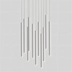 Clérachic cluster pendant light installed as a full chandelier cluster of white tubes cascading at staggered heights.