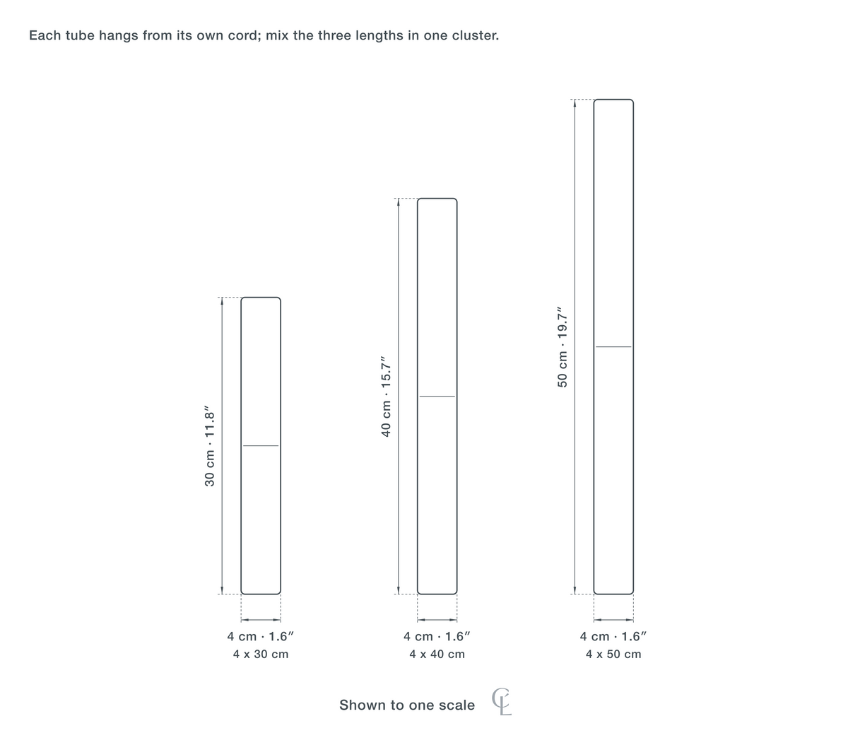 Technical dimension drawing of the Clérachic Cluster Pendant Light for Stairwell, 4 to 50 cm, Three Finishes in all 3 sizes — 4 × 30 cm (1.6 × 11.8″), 4 × 40 cm (1.6 × 15.7″), 4 × 50 cm (1.6 × 19.7″), drawn to one scale.