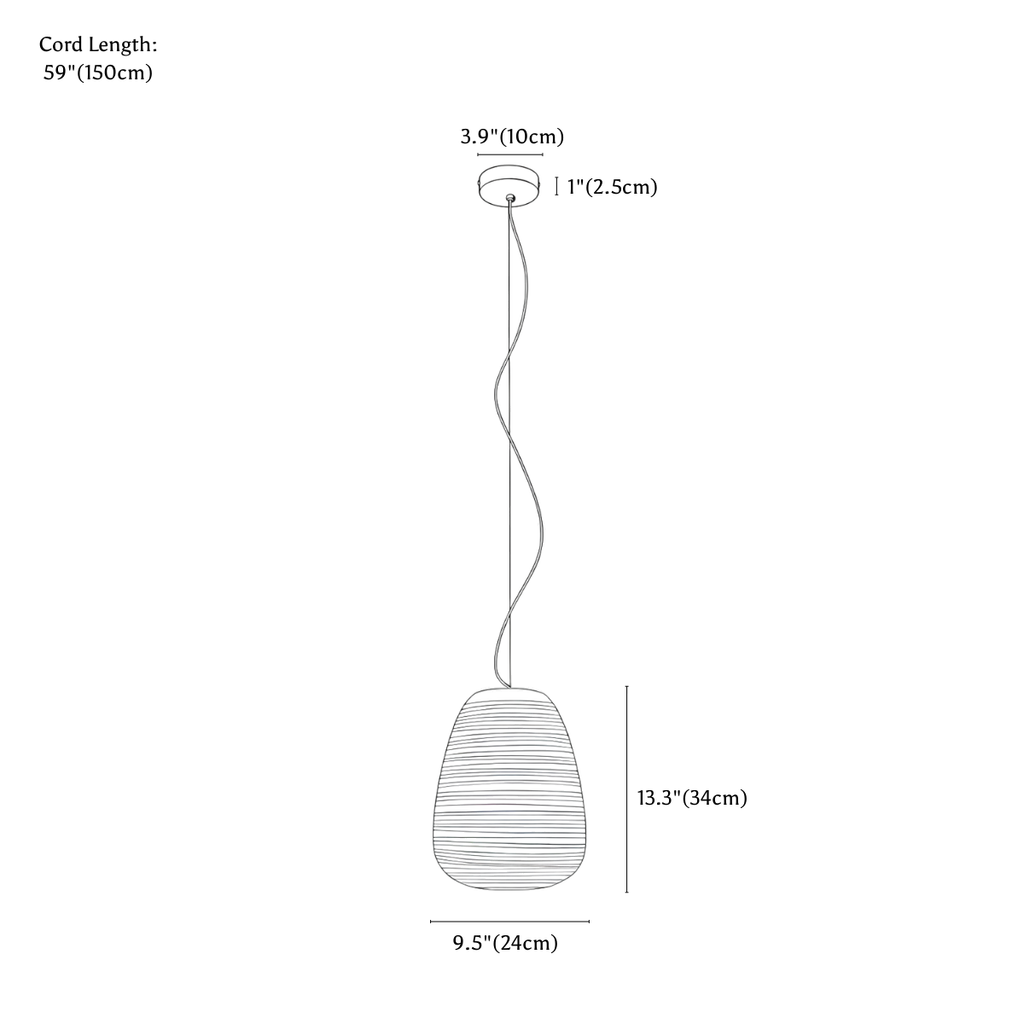 Clérachic pendant light dimension drawing, 1 of 3, every measurement marked in centimetres and inches.
