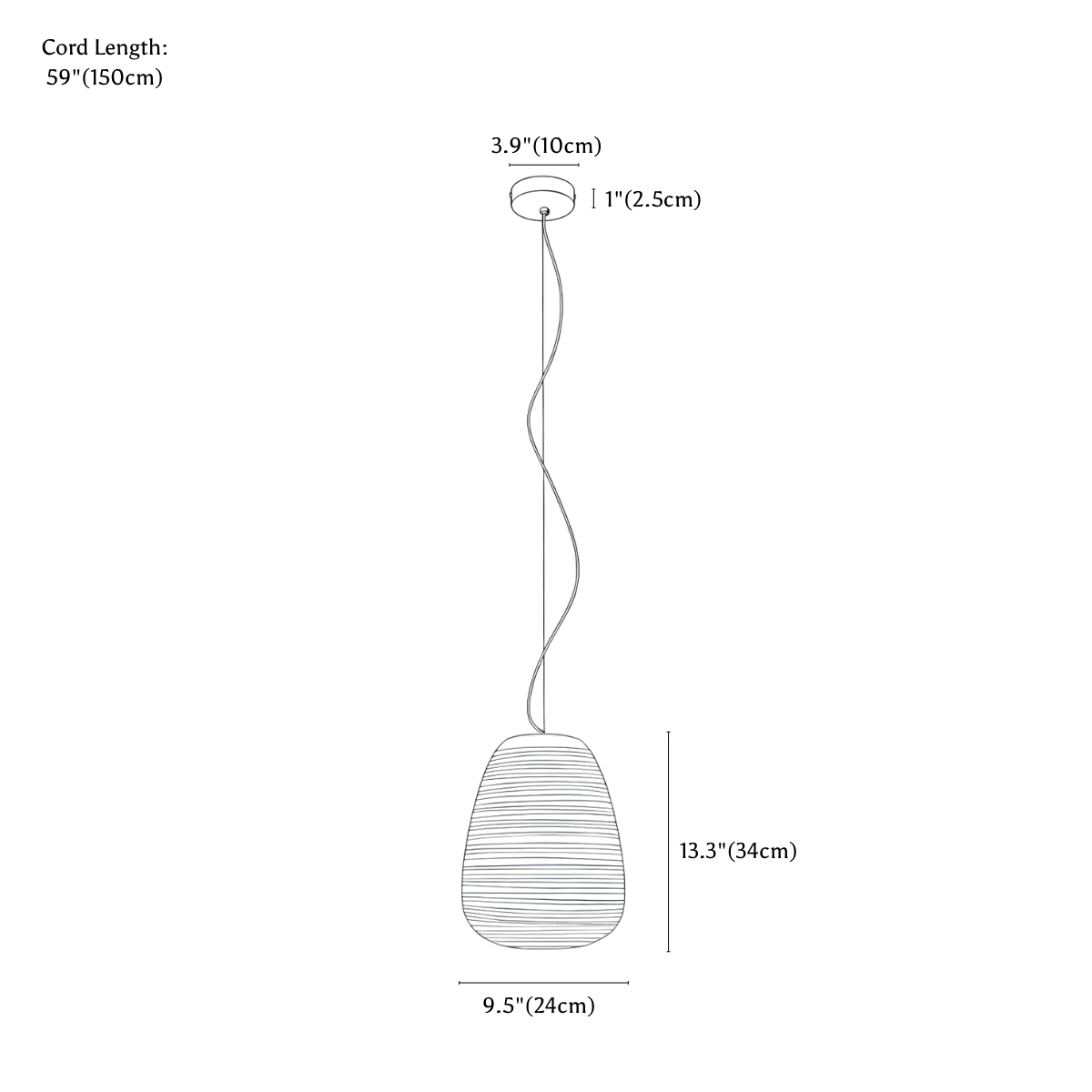 Clérachic pendant light dimension drawing, 1 of 3, every measurement marked in centimetres and inches.
