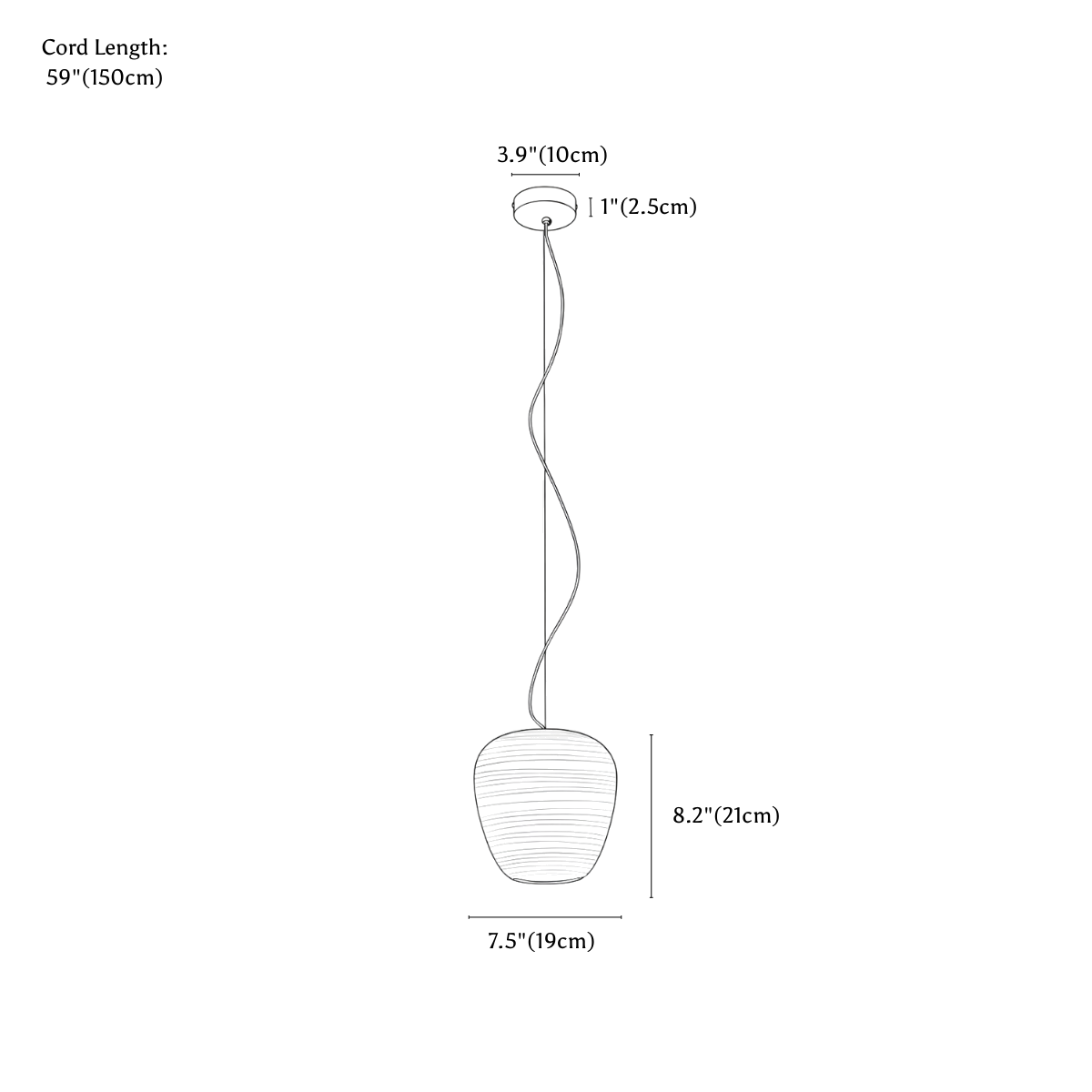 Clérachic pendant light dimension drawing, 2 of 3, every measurement marked in centimetres and inches.