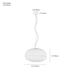 Clérachic pendant light dimension drawing, 3 of 3, every measurement marked in centimetres and inches.