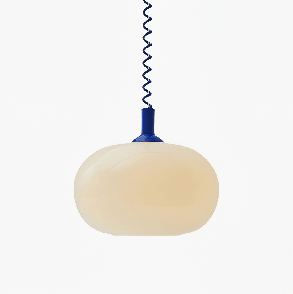 Clérachic pendant light with a milky glass shade, a blue cap and a blue stretch-coil cable, shown on a plain white backdrop.