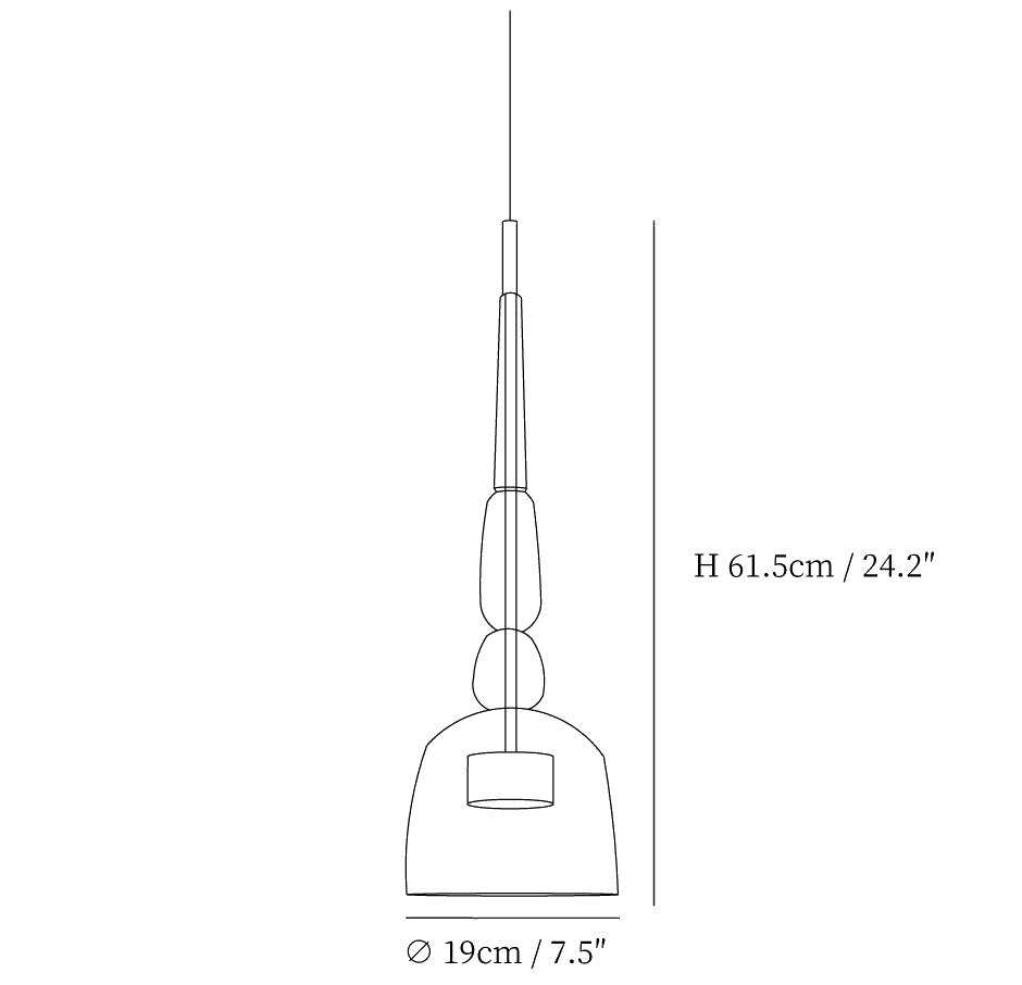 Dimension drawing of the colorful candy pendant lamp, in outline against white.