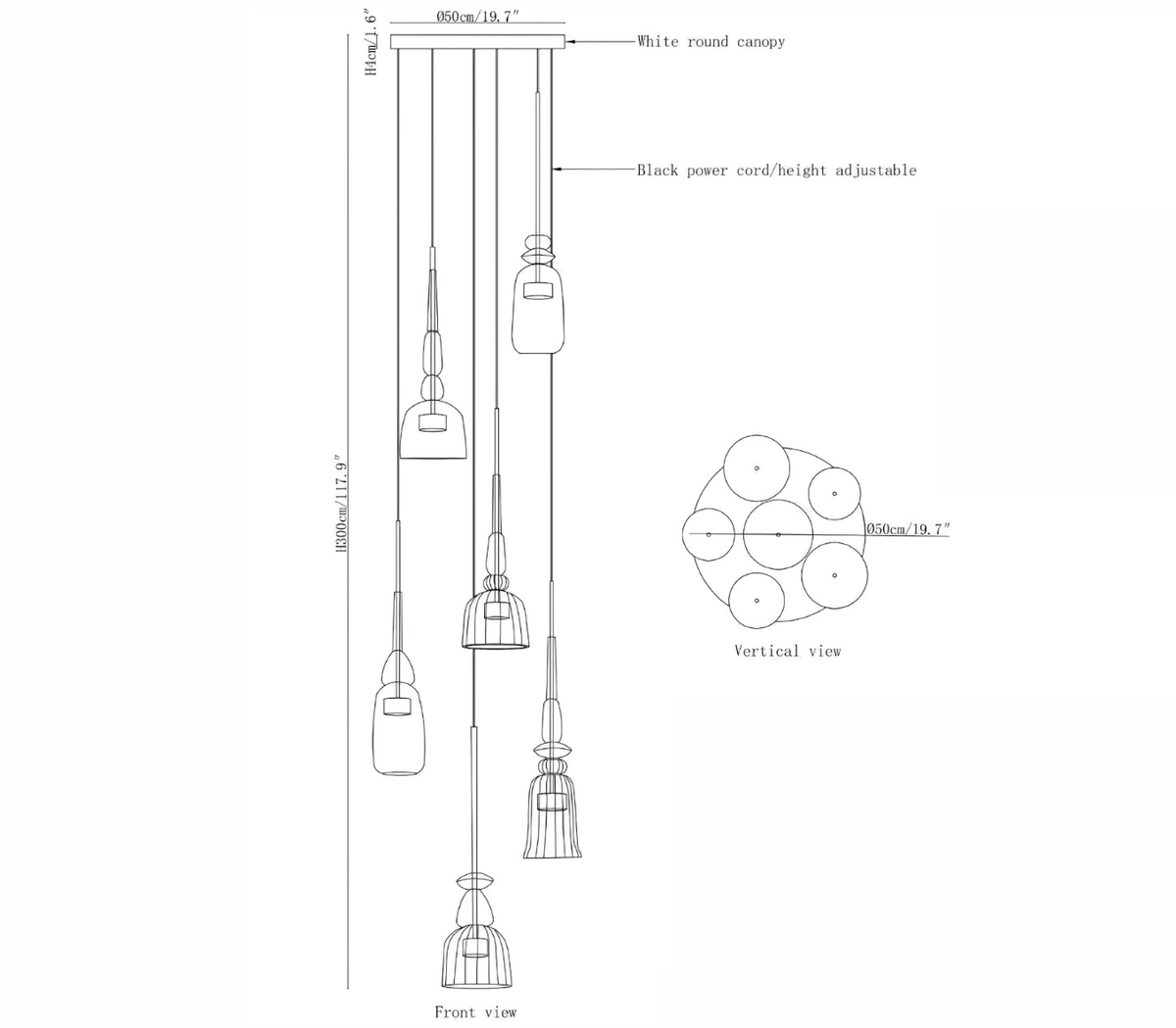 Dimension drawing of the colorful candy pendant lamp, in outline against white.