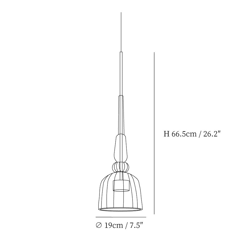 Dimension drawing of the colorful candy pendant lamp, in outline against white.