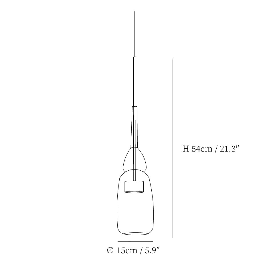 Dimension drawing of the colorful candy pendant lamp, in outline against white.
