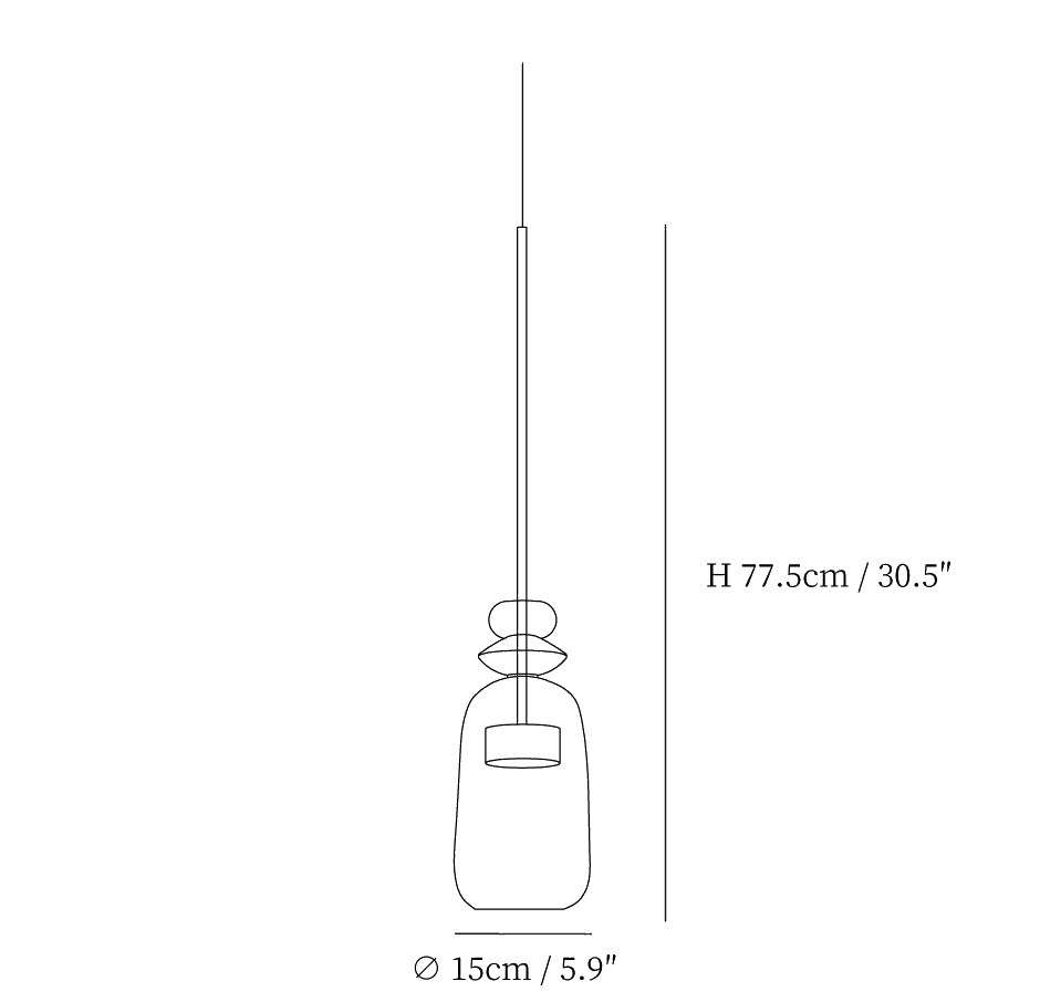Dimension drawing of the colorful candy pendant lamp, in outline against white.