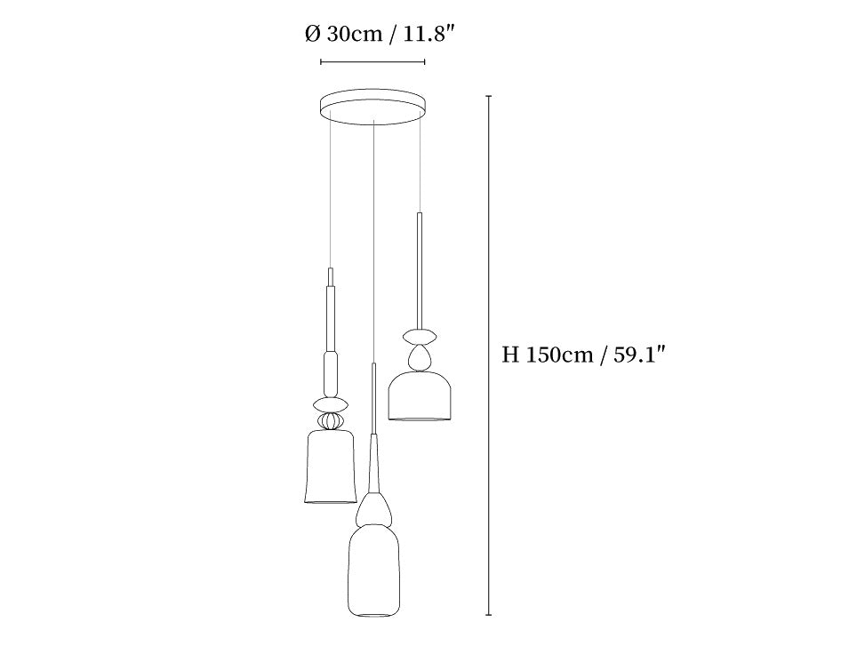 Dimension drawing of the colorful candy pendant lamp, in outline against white.