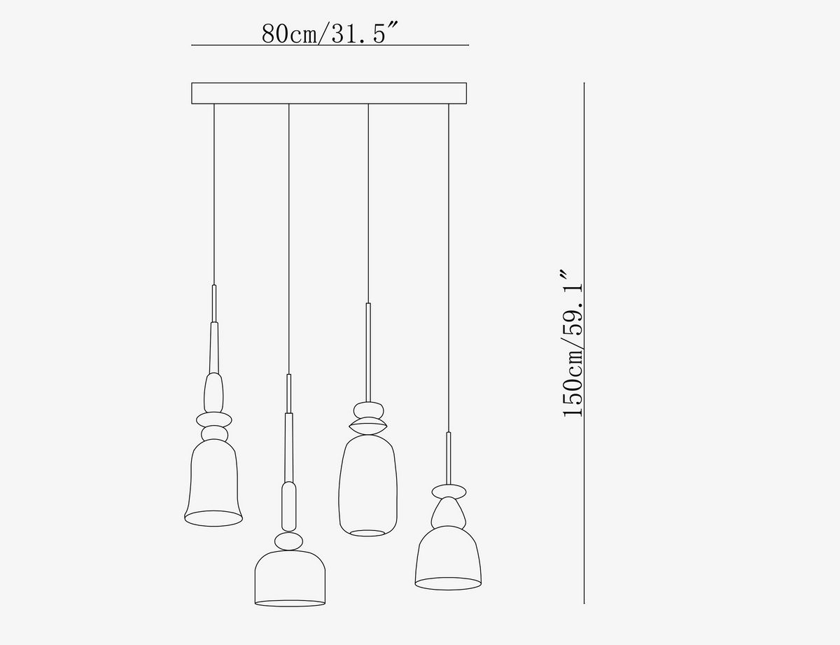 Dimension drawing of the colorful candy pendant lamp, in outline against white.