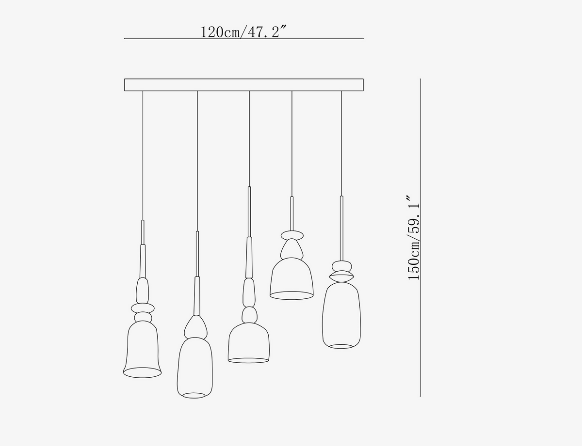 Dimension drawing of the colorful candy pendant lamp, in outline against white.