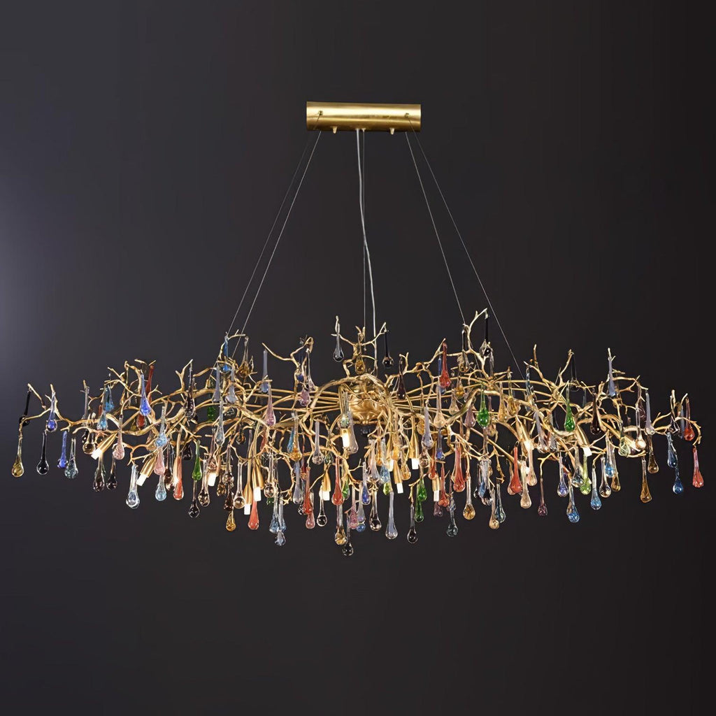 A wider Clérachic raindrop chandelier on black, its branches spreading before the drops fall.