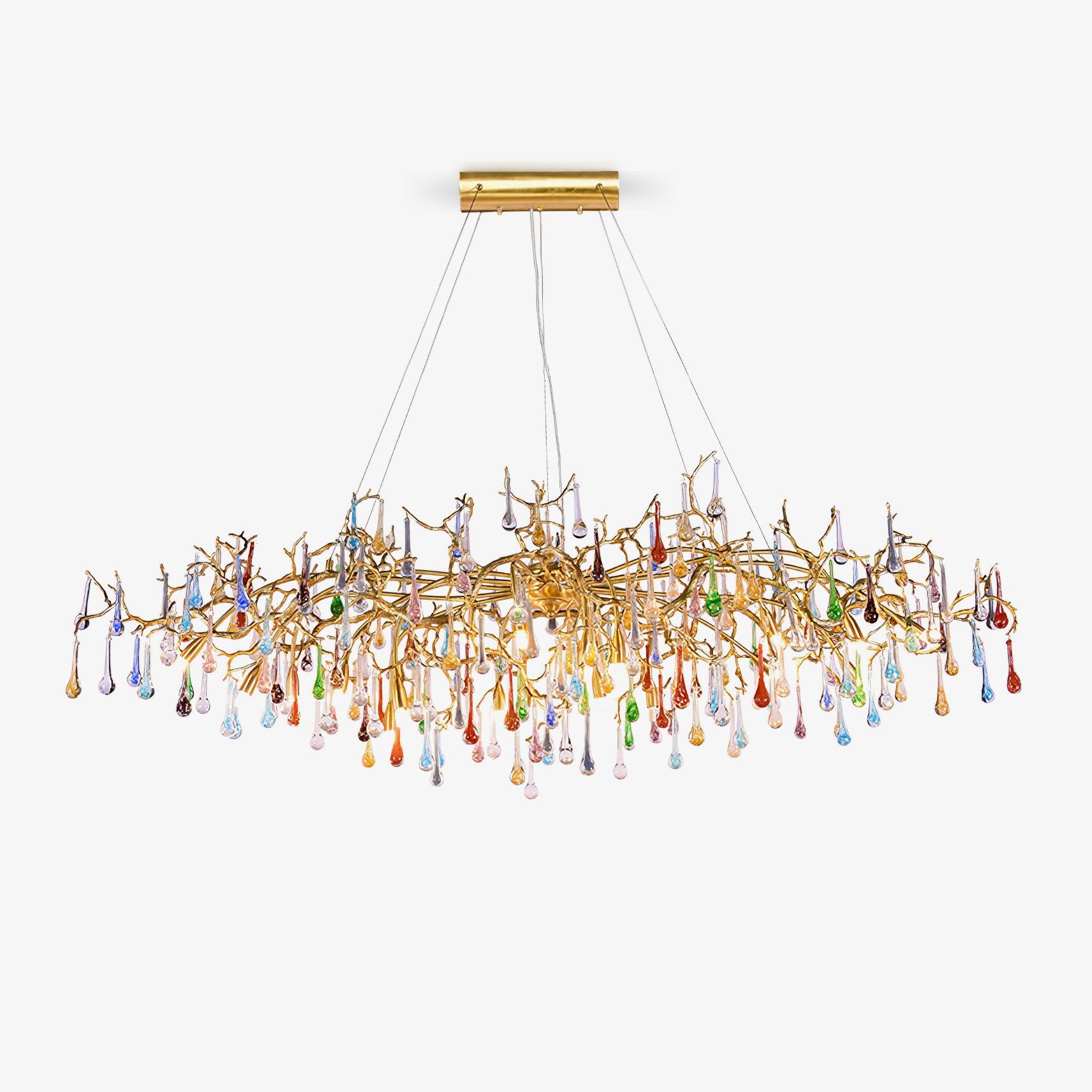 The Clérachic raindrop chandelier on white, coloured glass teardrops along the full gold span.