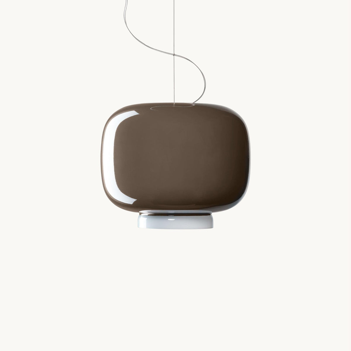 Glossy taupe-brown glass shade on a white base, this Clérachic pendant on a plain off-white backdrop.
