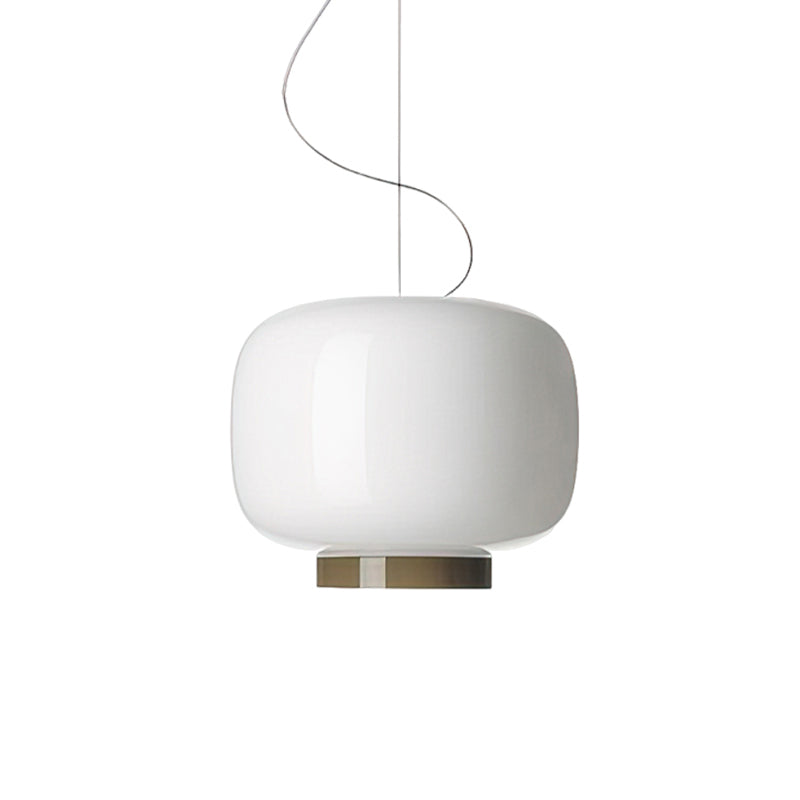 White glass shade with a grey-brown band beneath it, this Clérachic pendant on a plain white backdrop.