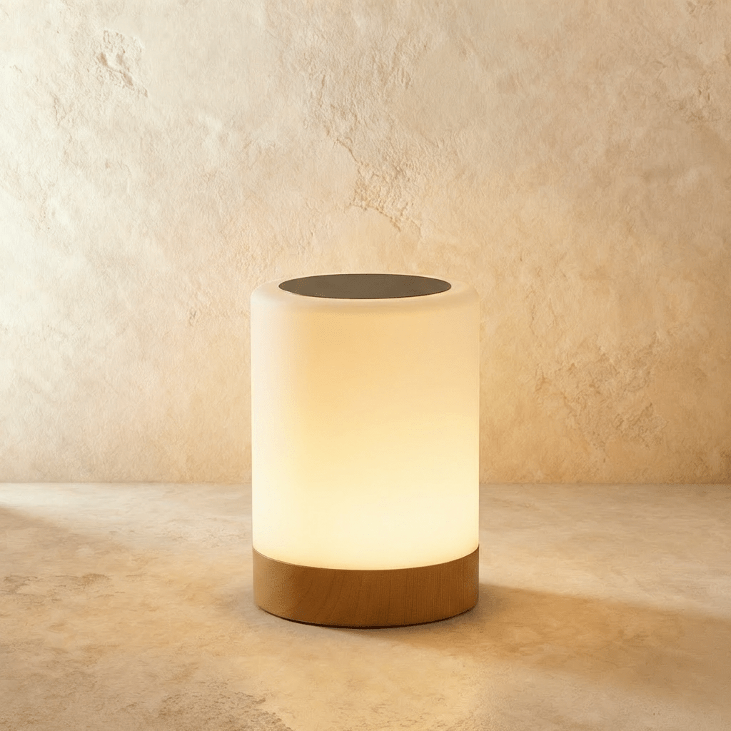 Clérachic's table lamp in a straight cylinder form, its frosted shade glowing warm above a light wood base.