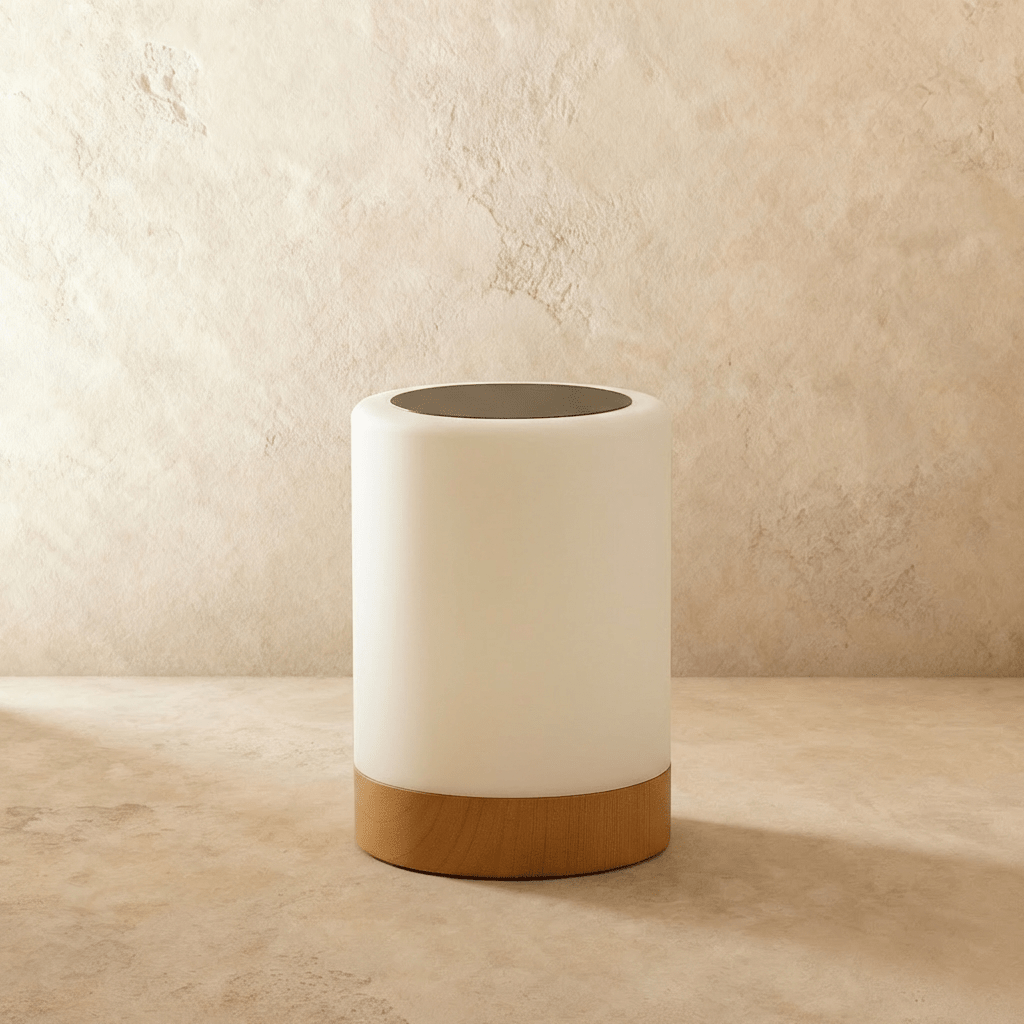 The Clérachic table lamp, a single frosted cylinder lamp with a light wood base, glowing softly against a wall.