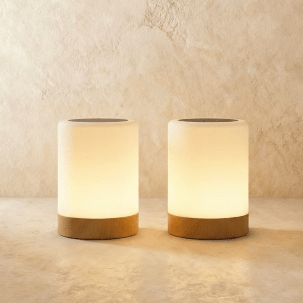 A pair of Clérachic table lamps, two frosted cylinder shades on light wood bases glowing side by side.