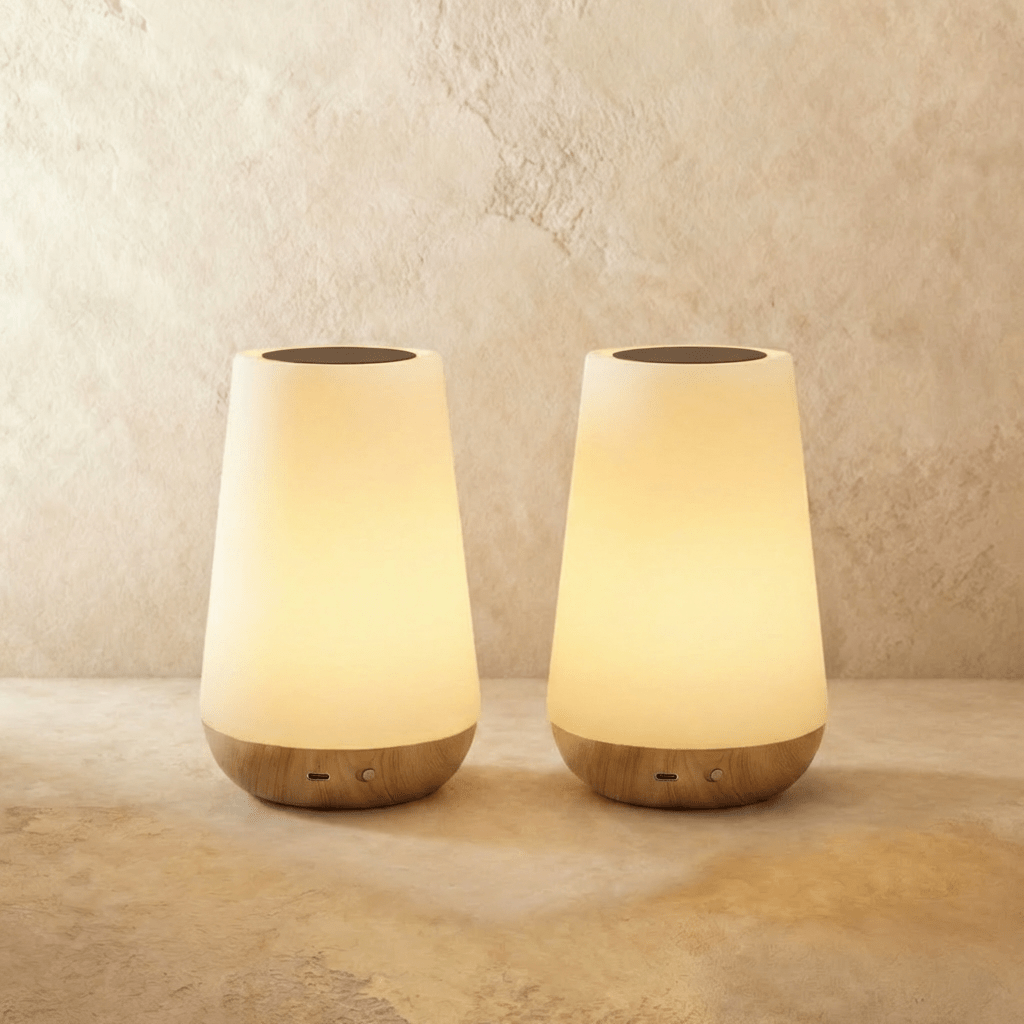 A pair of Clérachic table lamps in their tapered form, two frosted shades glowing above light wood bases.