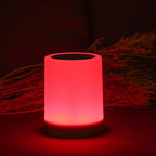 Clérachic's table lamp glowing bright red, its frosted cylinder shade lit beside dried branches at night.