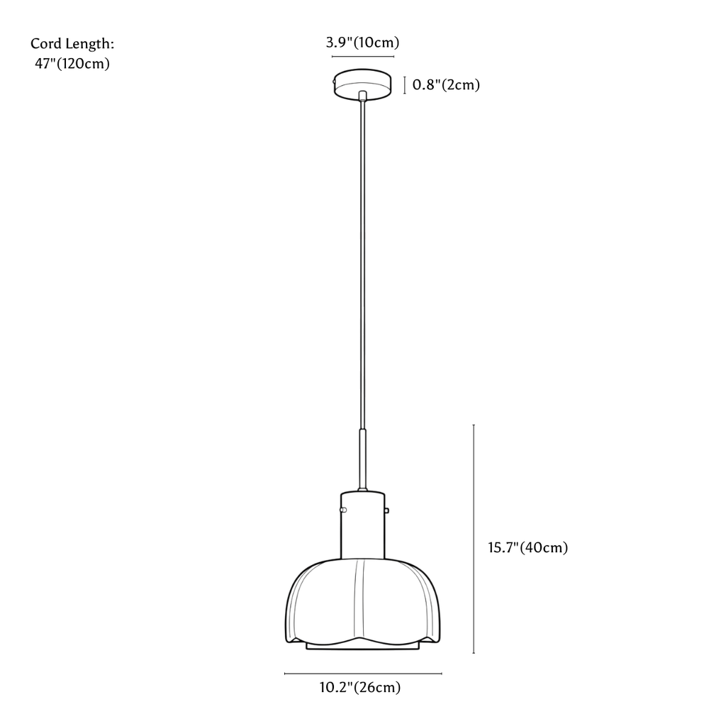 Clérachic pendant light dimension drawing, every measurement marked in centimetres and inches.