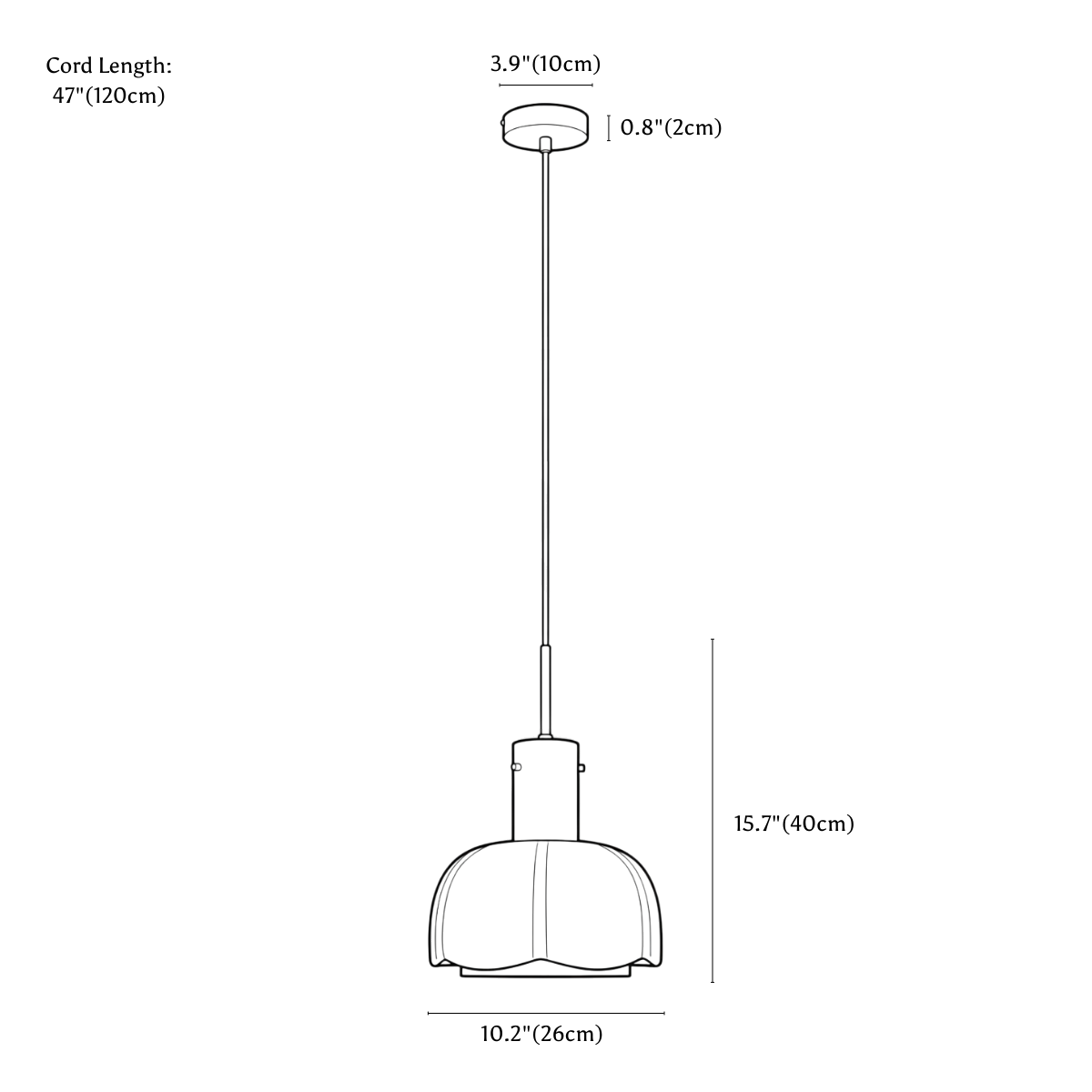 Clérachic pendant light dimension drawing, every measurement marked in centimetres and inches.