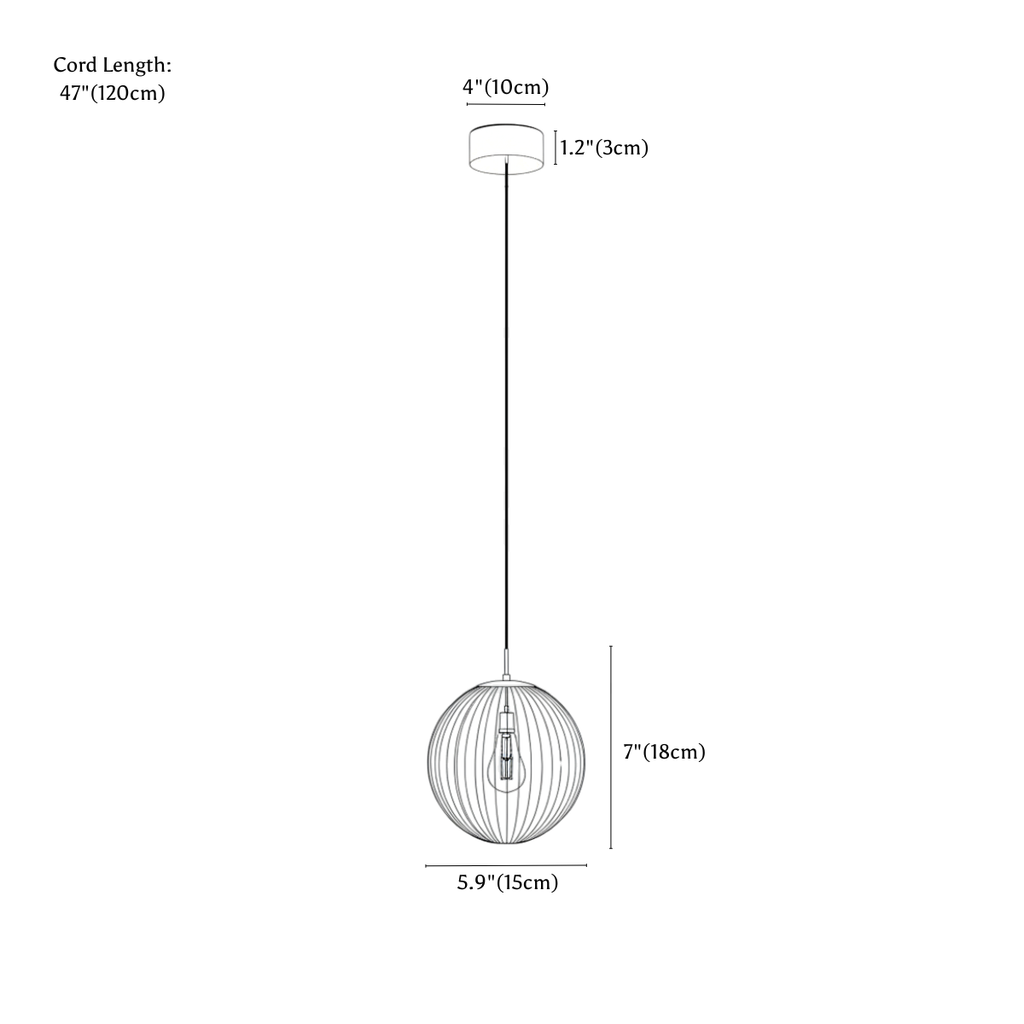 Clérachic pendant light dimension drawing, Small D5.9 15 cm x H7 18 cm, every measurement marked in centimetres and inches.