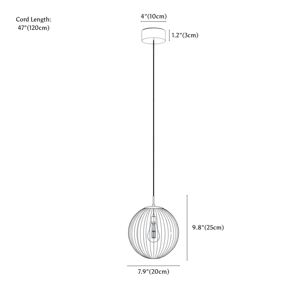 Clérachic pendant light dimension drawing, Large D7.9 20 cm x H9.8 25 cm, every measurement marked in centimetres and inches.