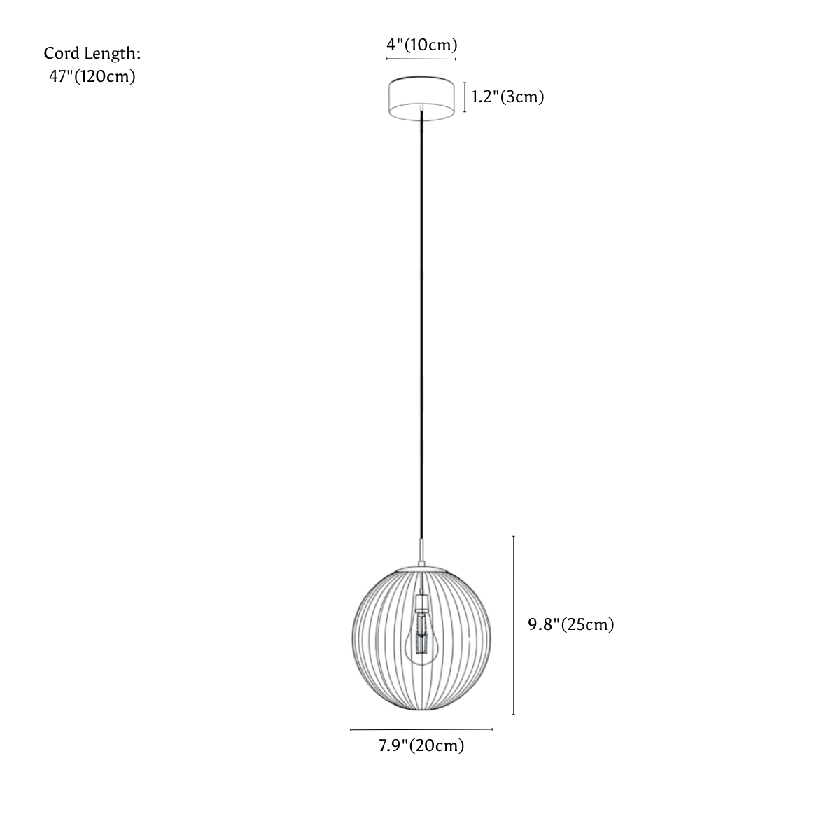 Clérachic pendant light dimension drawing, Large D7.9 20 cm x H9.8 25 cm, every measurement marked in centimetres and inches.