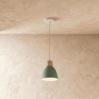 Closer view of the Clérachic single-head green wood disc pendant light showing the wood collar above the shade.