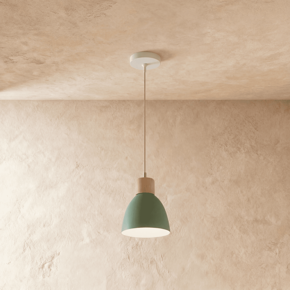 Closer view of the Clérachic single-head green wood disc pendant light showing the wood collar above the shade.