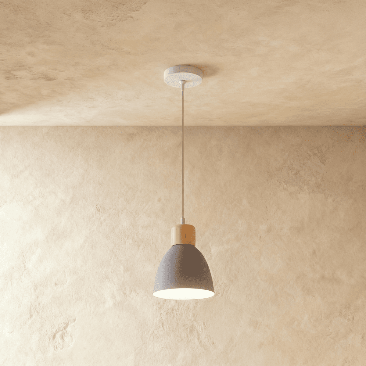 Side angle of the Clérachic single-head grey wood disc pendant light with its wood collar and slim ceiling cable.