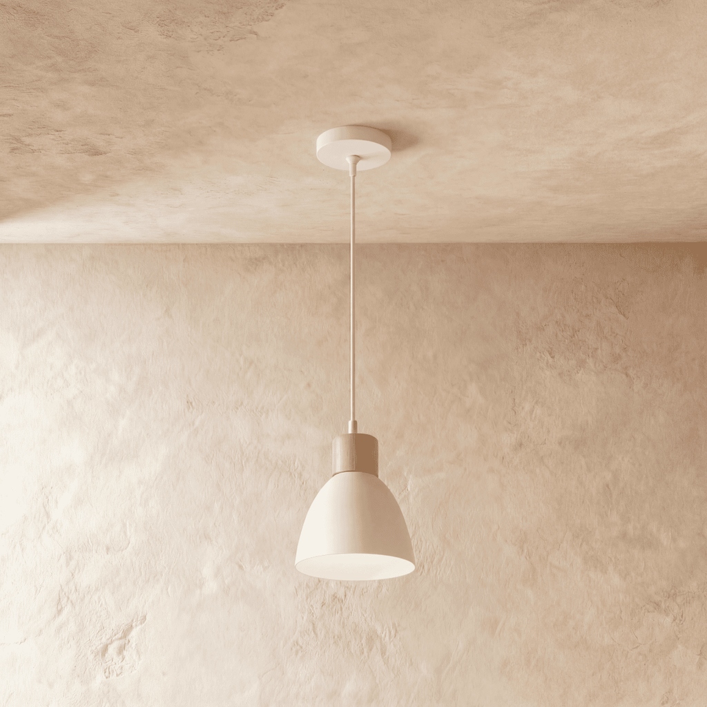 Closer view of the Clérachic single-head white wood disc pendant light showing its wood collar and dome shade.
