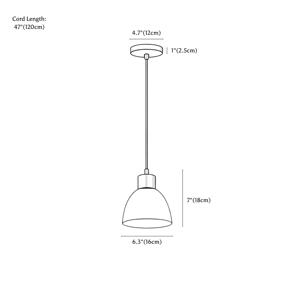 Clérachic pendant light dimension drawing, One Head, every measurement marked in centimetres and inches.