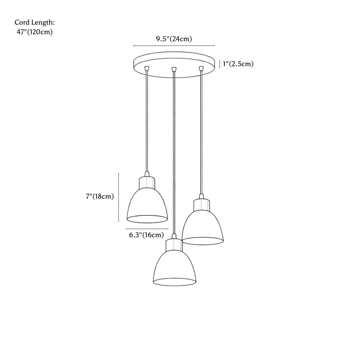 Clérachic pendant light dimension drawing, Three Head Round, every measurement marked in centimetres and inches.