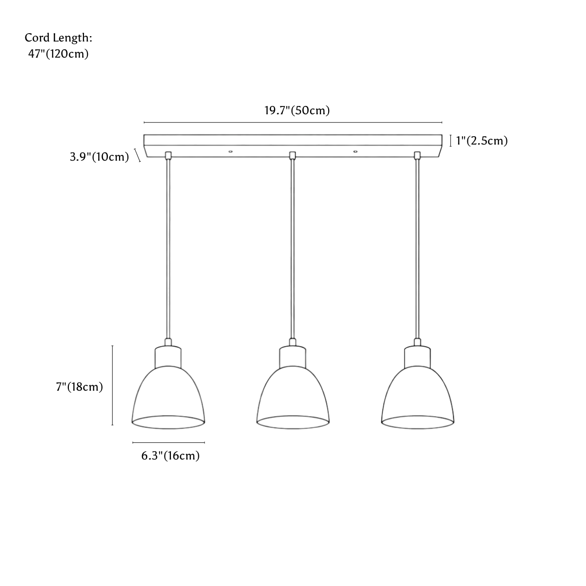 Clérachic pendant light dimension drawing, Three Head Rectangular, every measurement marked in centimetres and inches.
