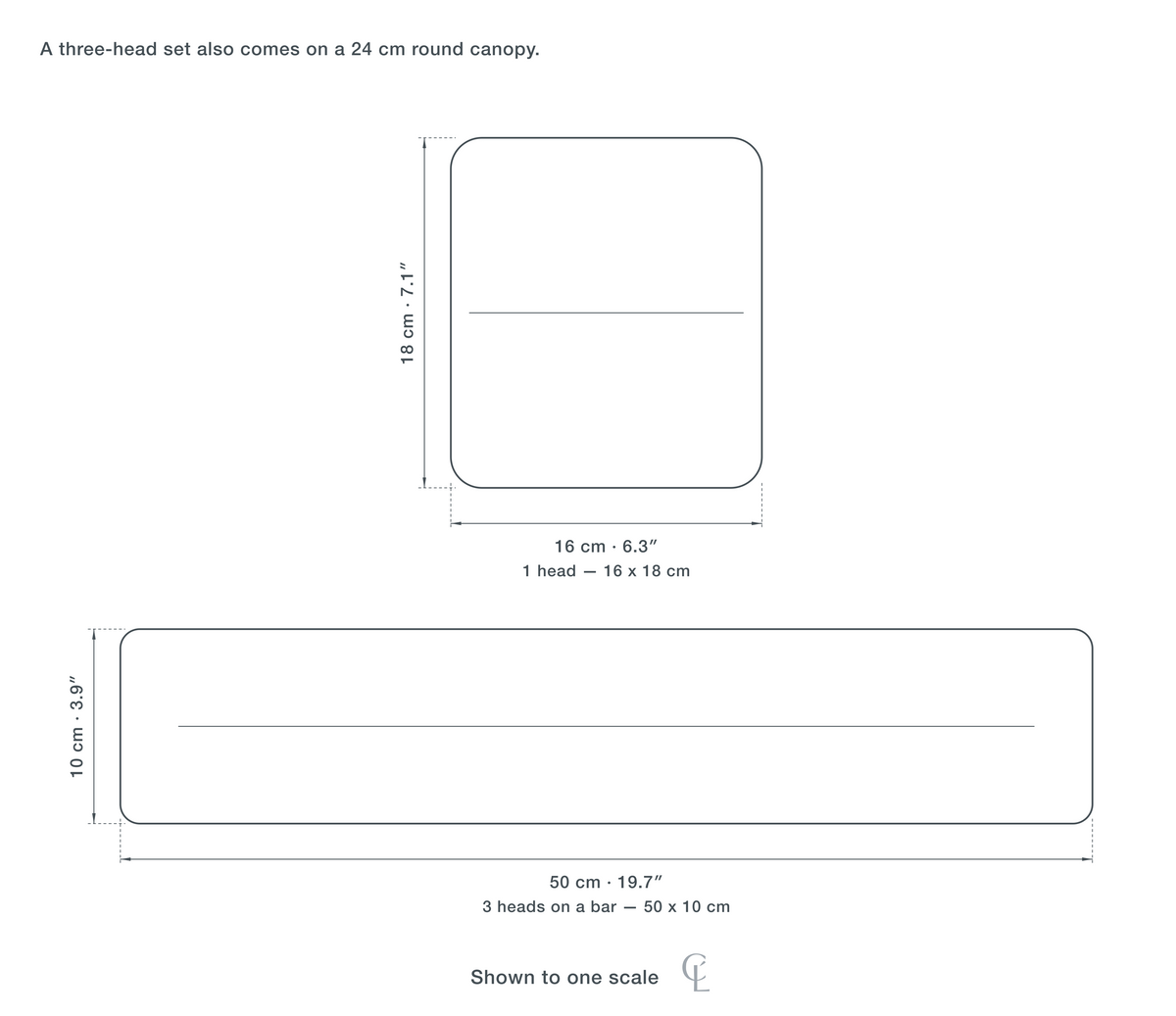 Technical dimension drawing of the Wood Disc Pendant Light for Kitchen Island, 50 cm, LED in all 2 sizes — 1 head at 16 × 18 cm (6.3 × 7.1″), 3 heads on a bar at 50 × 10 cm (19.7 × 3.9″), drawn to one scale.