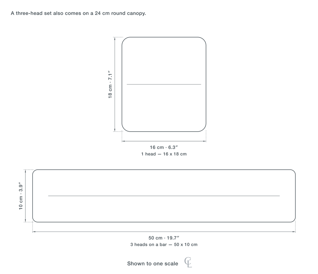 Technical dimension drawing of the Clérachic Coloured Wood Pendant Light for Kitchen Island, 1 or 3 Heads in all 2 sizes — 1 head at 16 × 18 cm (6.3 × 7.1″), 3 heads on a bar at 50 × 10 cm (19.7 × 3.9″), drawn to one scale.