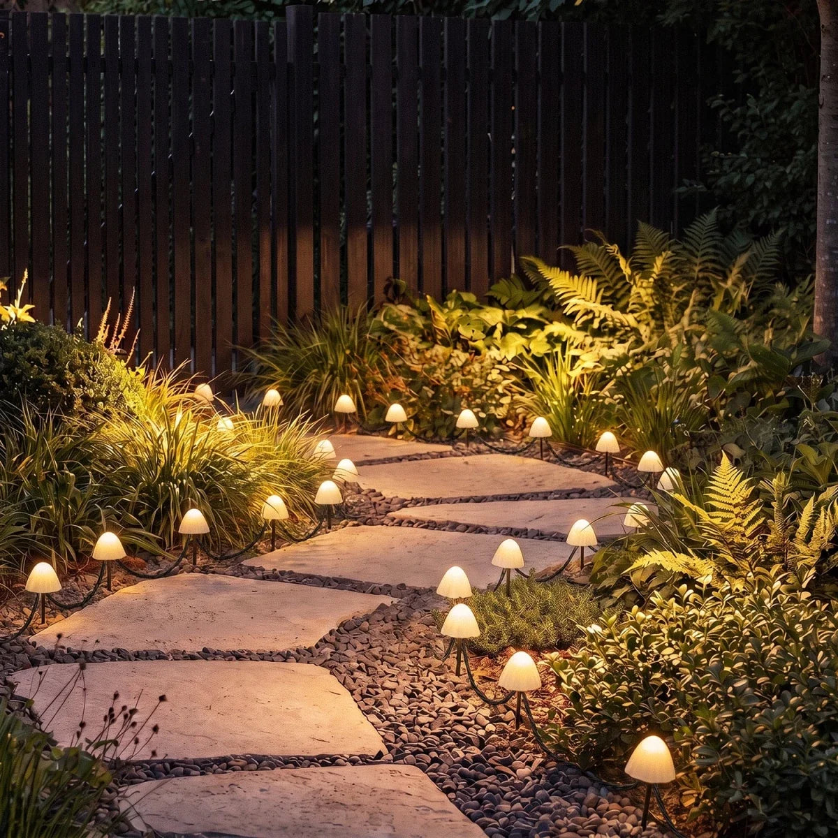 Clérachic solar mushroom stake lights line a stone garden path at dusk, warm white caps glowing among ferns and gravel.