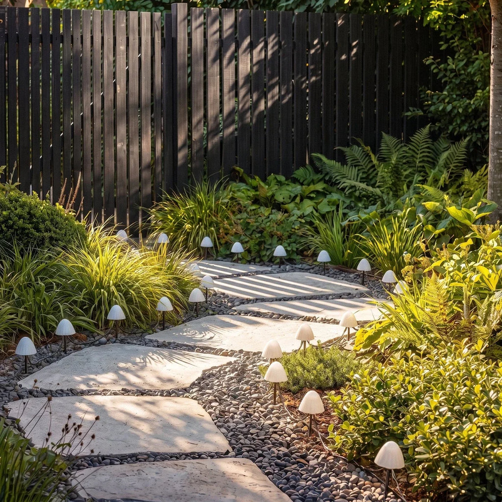 Clérachic solar mushroom stake lights border a garden path in golden light, warm white caps set among grasses and shrubs.