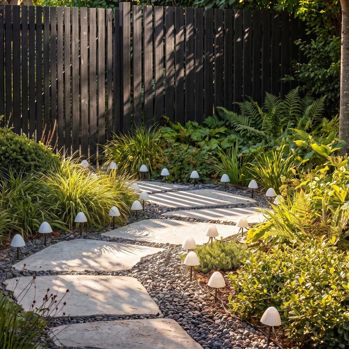 Clérachic solar mushroom stake lights border a garden path in golden light, warm white caps set among grasses and shrubs.