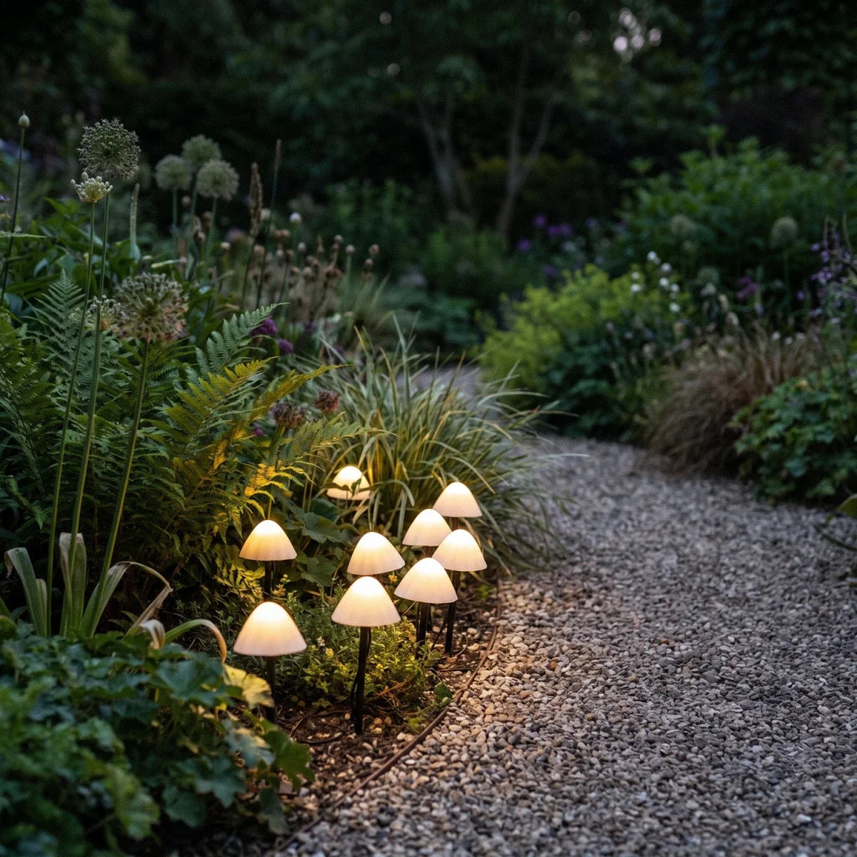 A cluster of Clérachic solar mushroom stake lights glows warm white beside a gravel path in a shaded evening garden bed.