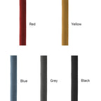 Swatches of the five webbing colours for this Clérachic floor lamp: red, yellow, blue, grey and black, each labelled in the photo.